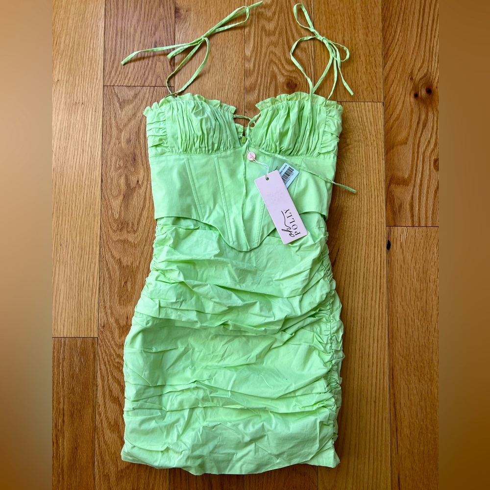 OH POLLY GREEN SCRUNCHED MINI DRESS - NEVER WORN - SIZE UK 6 US 2